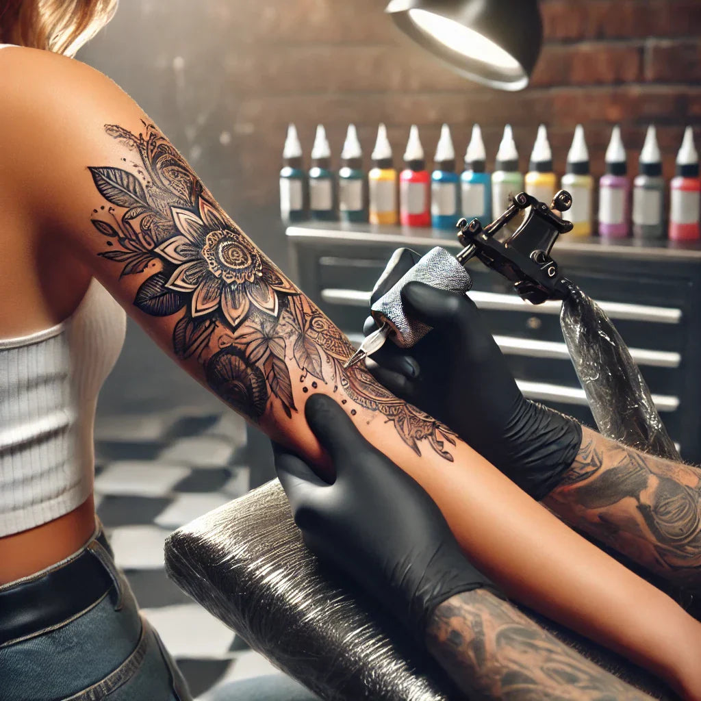 long lasting tattoo numbing cream being used on a womens arm during a tattoo session