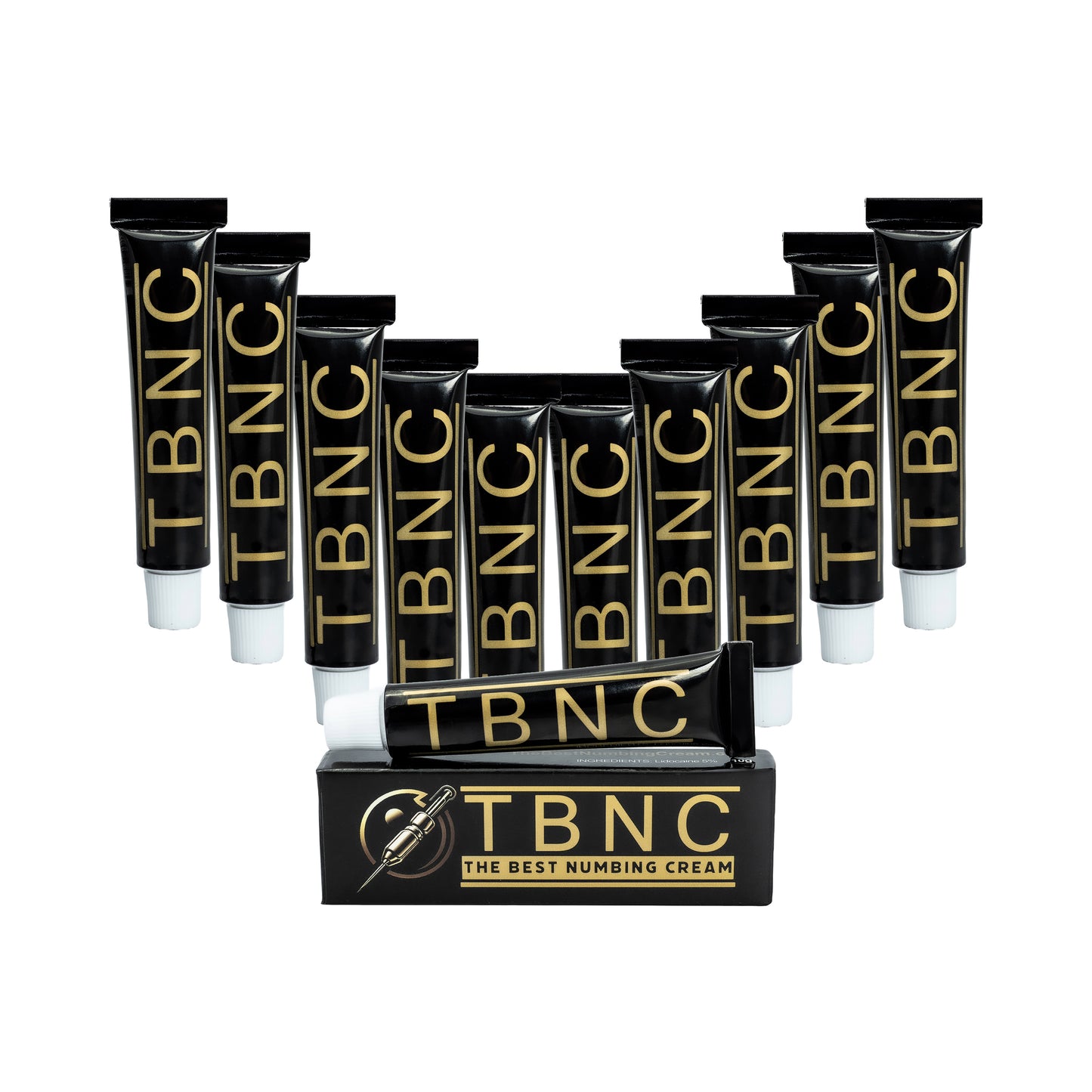 Ten upright black TBNC - The Best Numbing Cream tubes and a box are shown with two more tubes in front. The box says "TBNC - The Best Numbing Cream - 10 Pack," perfect for effective tattoo numbing.