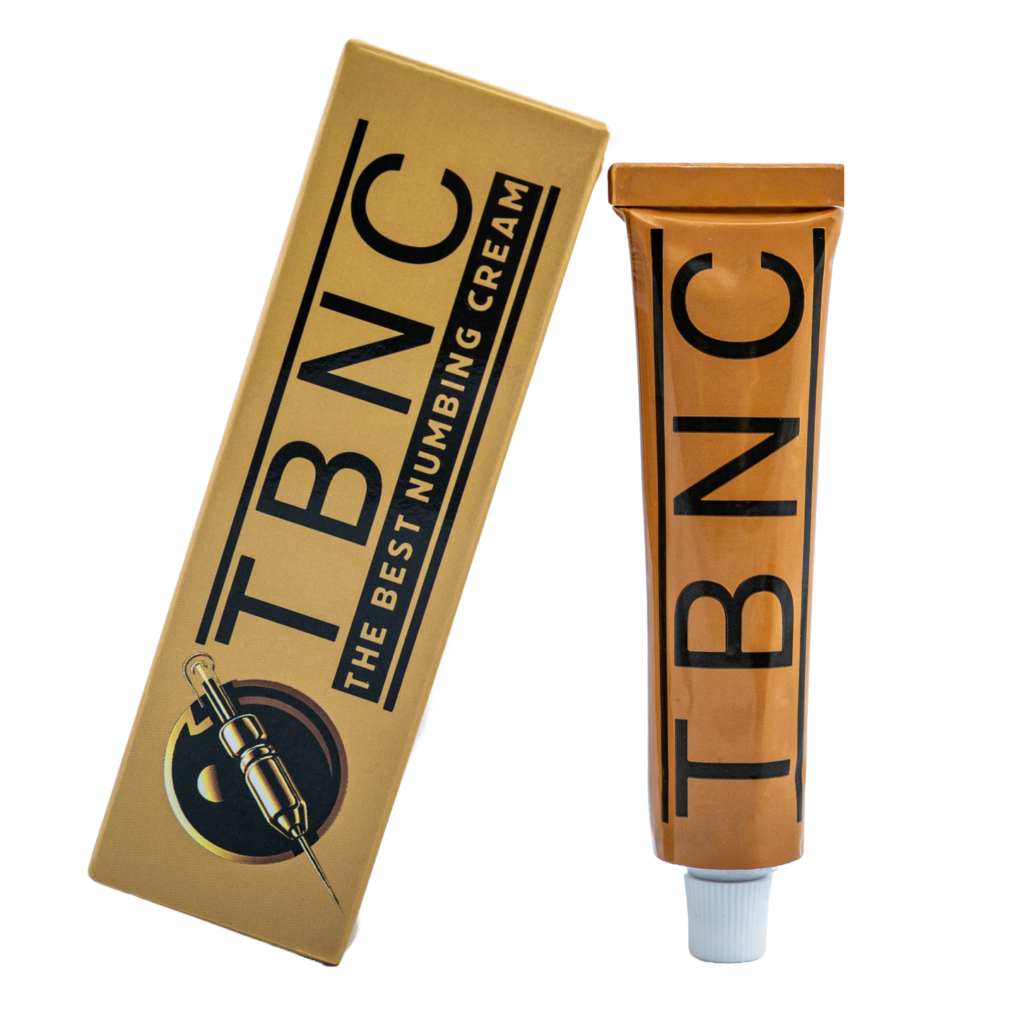 A gold-colored box and tube labeled "Tattoo Numbing Cream XL" by TBNC - The Best Numbing Cream, with a tattoo machine graphic, are shown on a white background—perfect for effective tattoo pain relief.