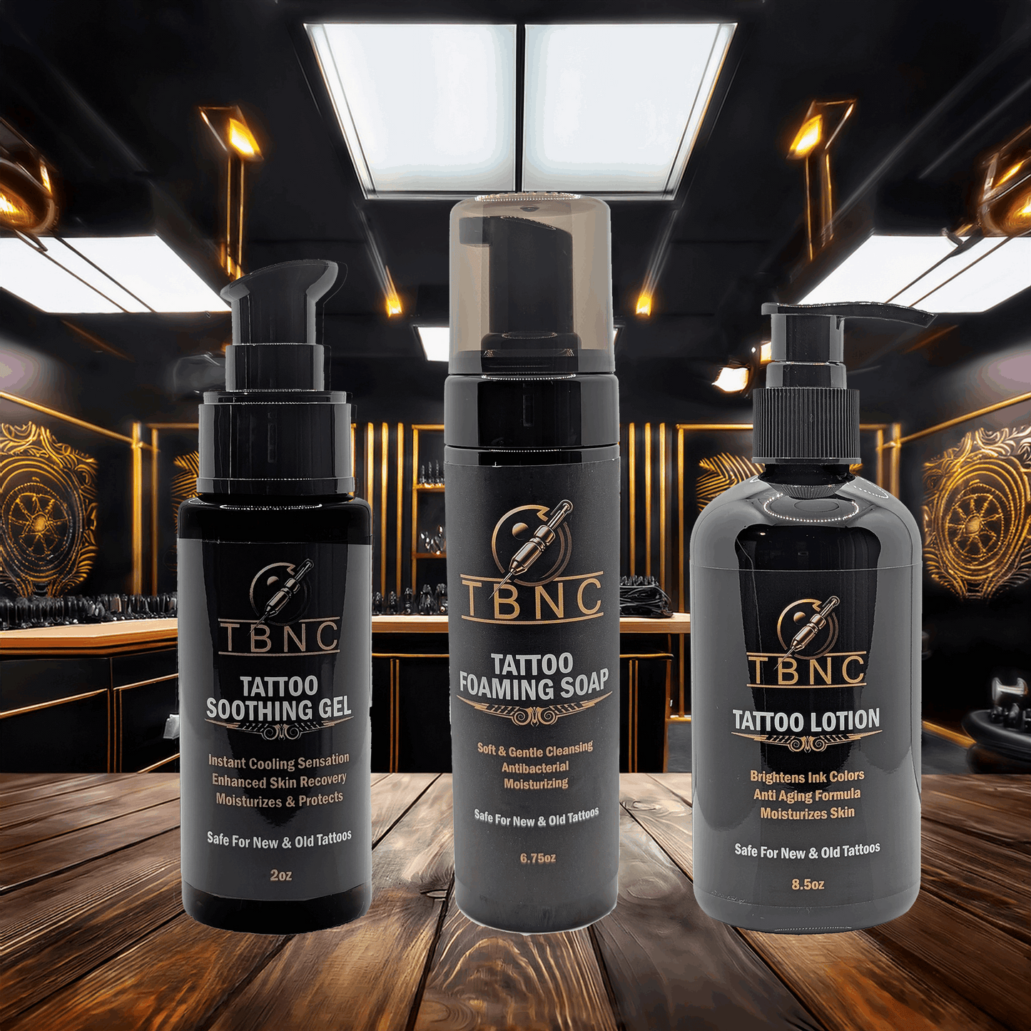 Experience premium TBNC Tattoo Aftercare with the Basic Tattoo Aftercare Bundle, featuring essentials like Tattoo Soothing Gel and Foaming Soap. Black-labeled with "TBNC" and product details, these essentials complement any tattoo studio's chairs and equipment for vibrant ink care.