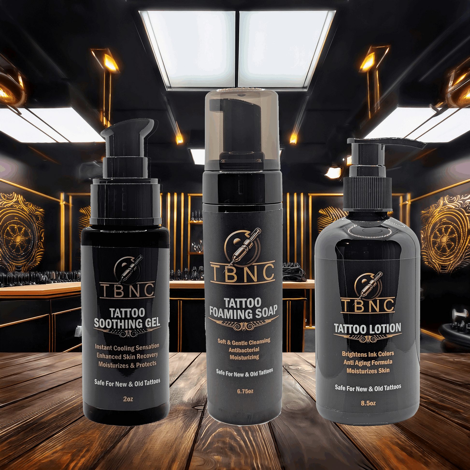 Experience premium TBNC Tattoo Aftercare with the Basic Tattoo Aftercare Bundle, featuring essentials like Tattoo Soothing Gel and Foaming Soap. Black-labeled with "TBNC" and product details, these essentials complement any tattoo studio's chairs and equipment for vibrant ink care.