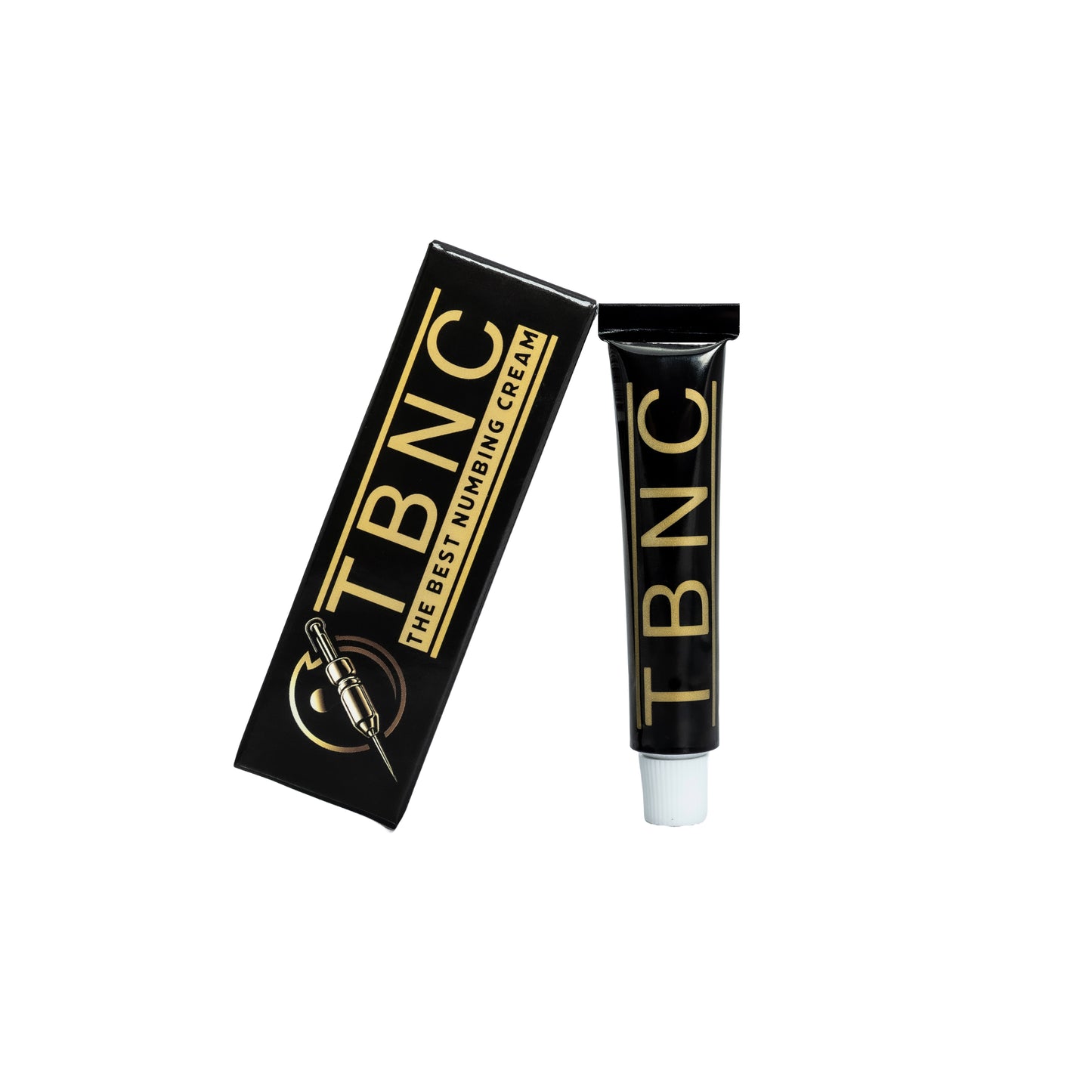 A black tube of Tattoo Numbing Cream by TBNC - The Best Numbing Cream, with gold lettering and a matching black box, is displayed on a white background—perfect for pain-free tattoo sessions.