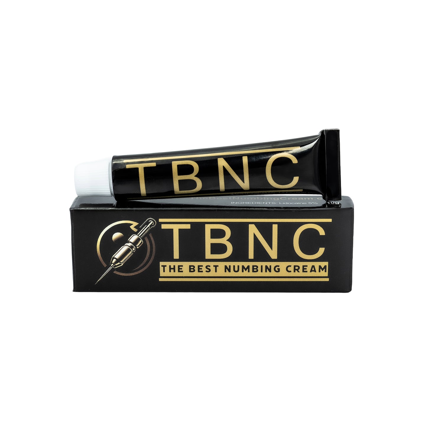 A black tube labeled "TBNC" sits on a box reading "TBNC - The Best Numbing Cream" in gold, with a gold tattoo needle graphic, highlighting pain-free tattooing using this Tattoo Numbing Cream from TBNC.