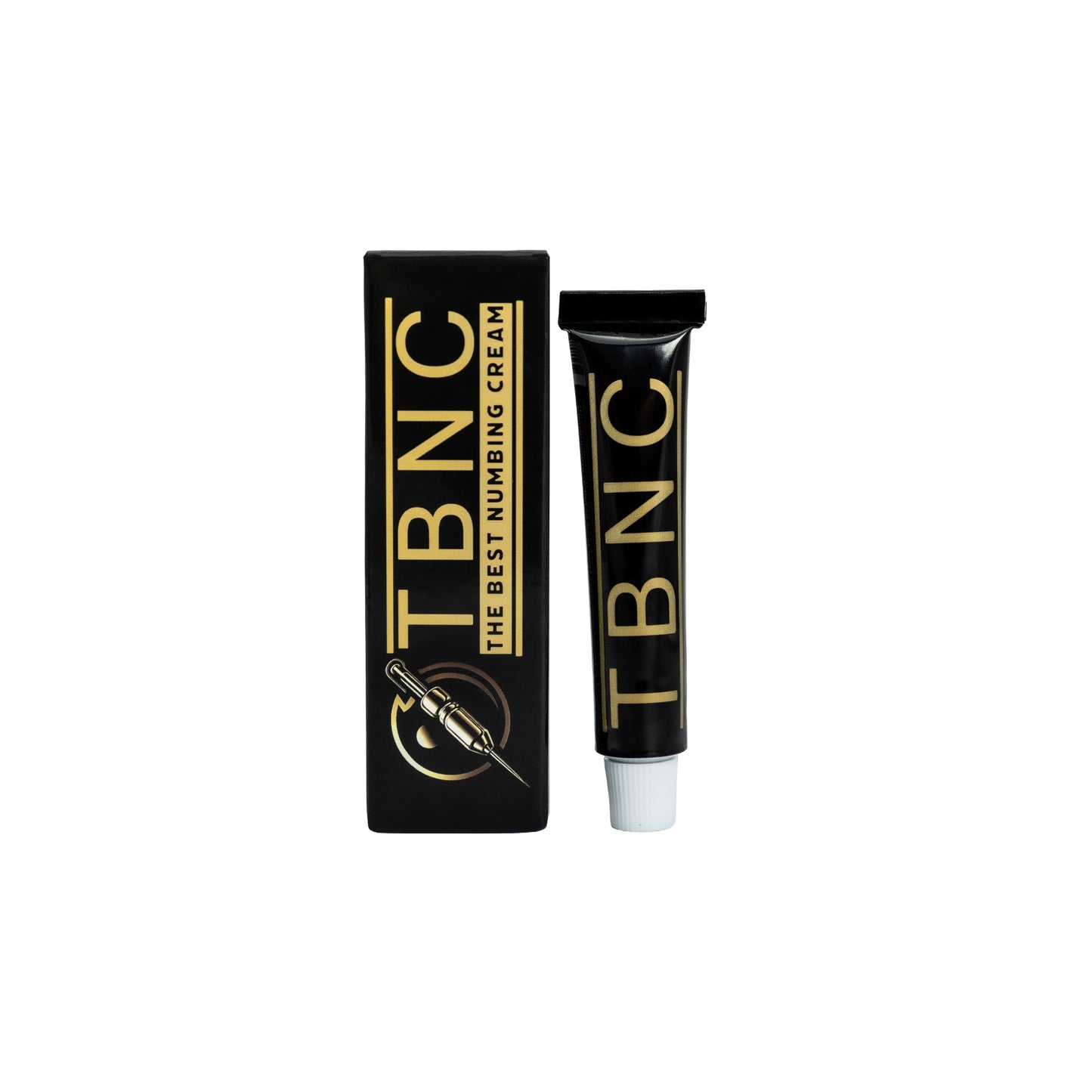 A black tube and box of TBNC - The Best Numbing Cream, featuring gold lettering and a needle graphic on a white background—ideal as Tattoo Numbing Cream for pain-free tattoo sessions.