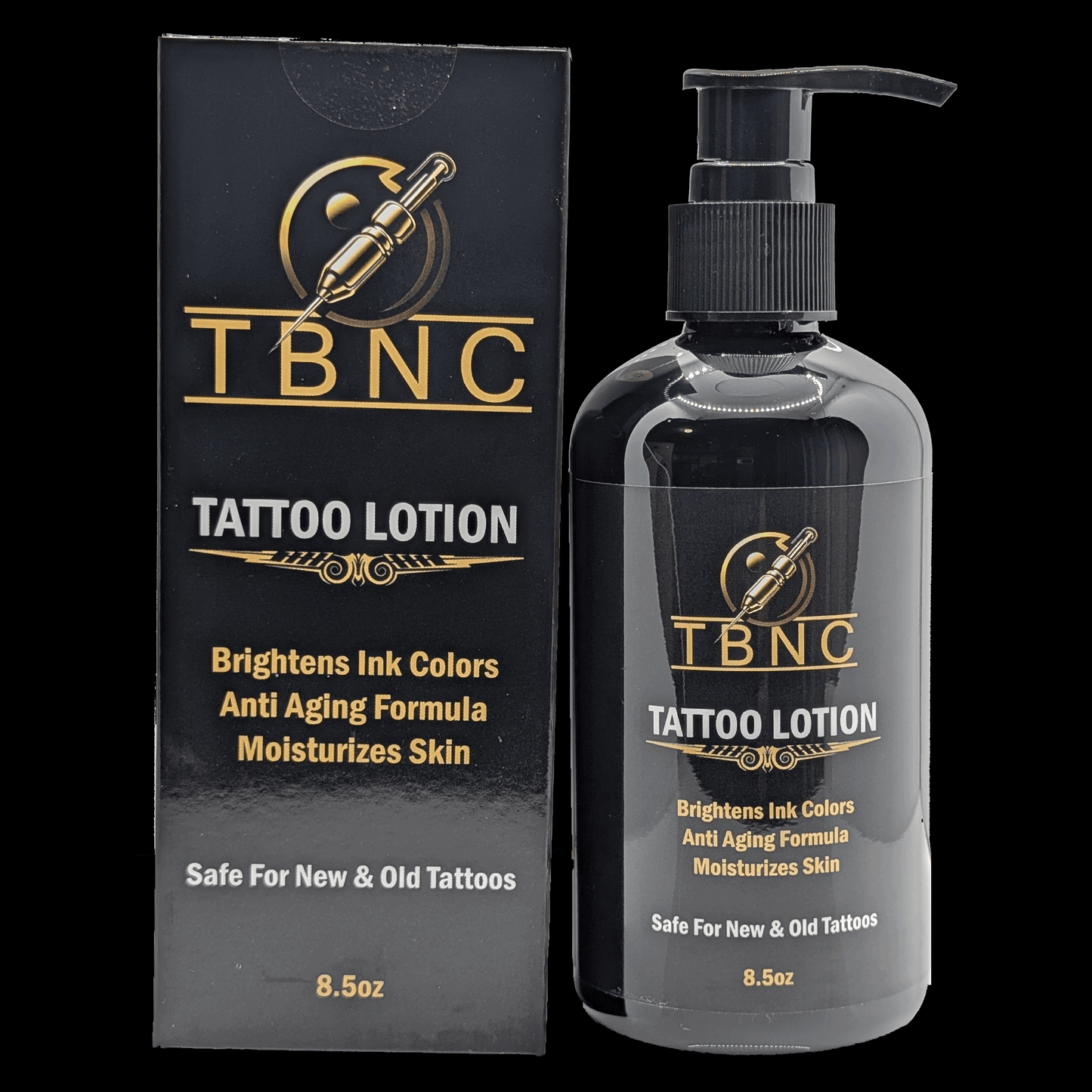 TBNC - The Best Numbing Cream Tattoo Lotion - Peppermint in an 8.5oz black pump bottle and box with gold and white text. Brightens ink, moisturizes, anti-aging, speeds healing, and is safe for all tattoos.