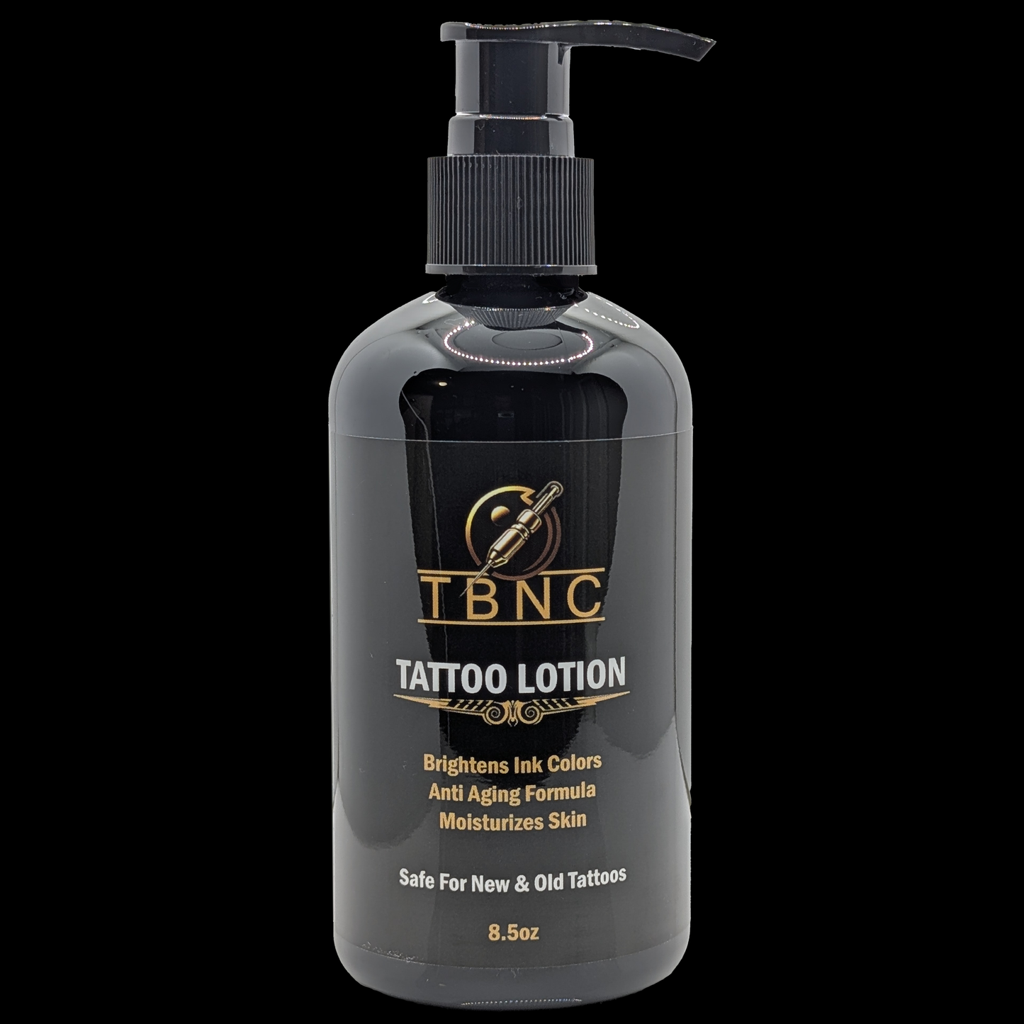 A black pump bottle labeled "TBNC - The Best Numbing Cream Tattoo Lotion - Peppermint" in gold and white text. This 8.5 oz lotion brightens ink, enhances vibrancy, moisturizes skin, and is safe for new and old tattoos.