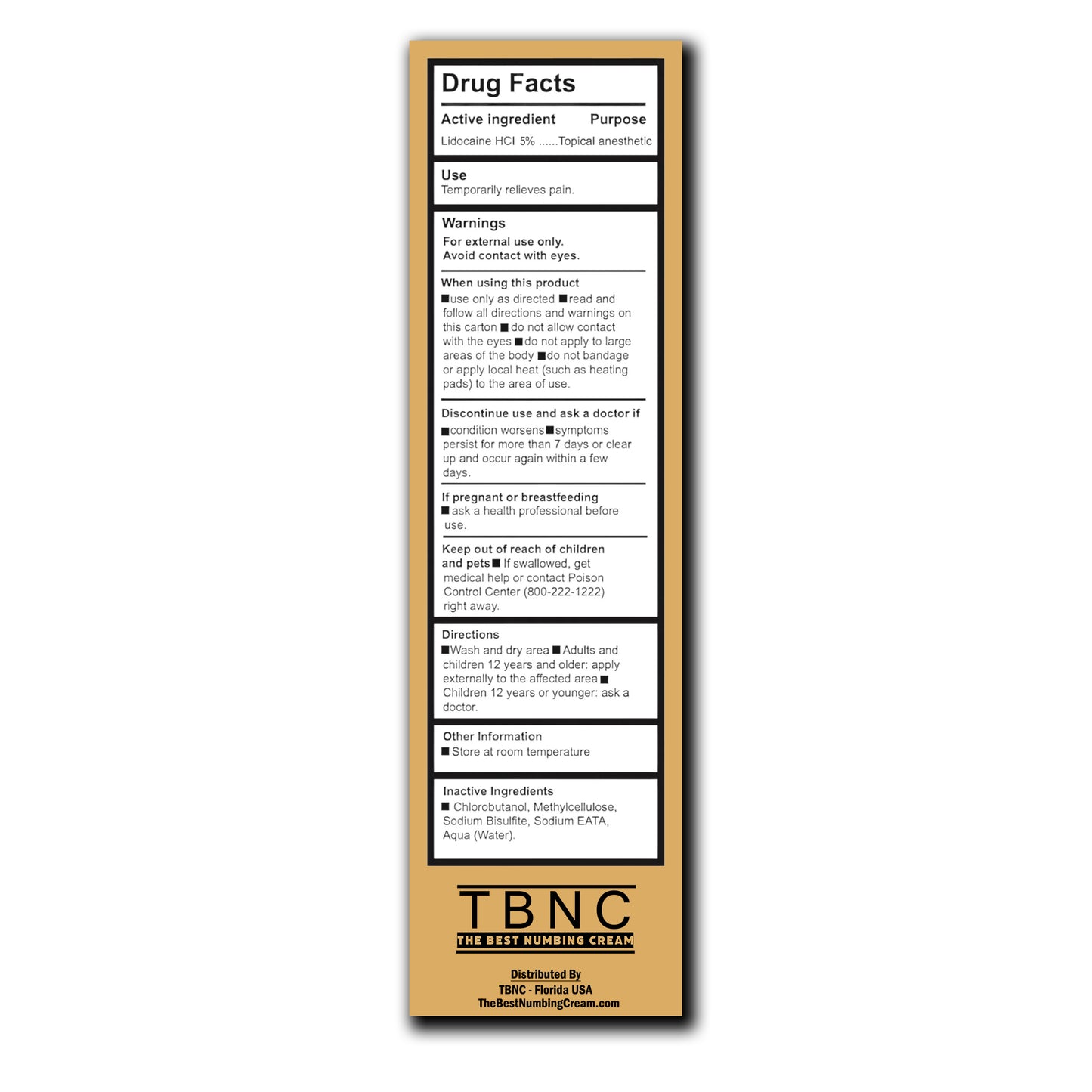 A rectangular drug facts label for TBNC Tattoo Numbing Cream XL - 2 Pack by TBNC - The Best Numbing Cream lists lidocaine HCl 4% as the active ingredient, plus uses, warnings, directions, inactive ingredients, and XL tube distribution info.