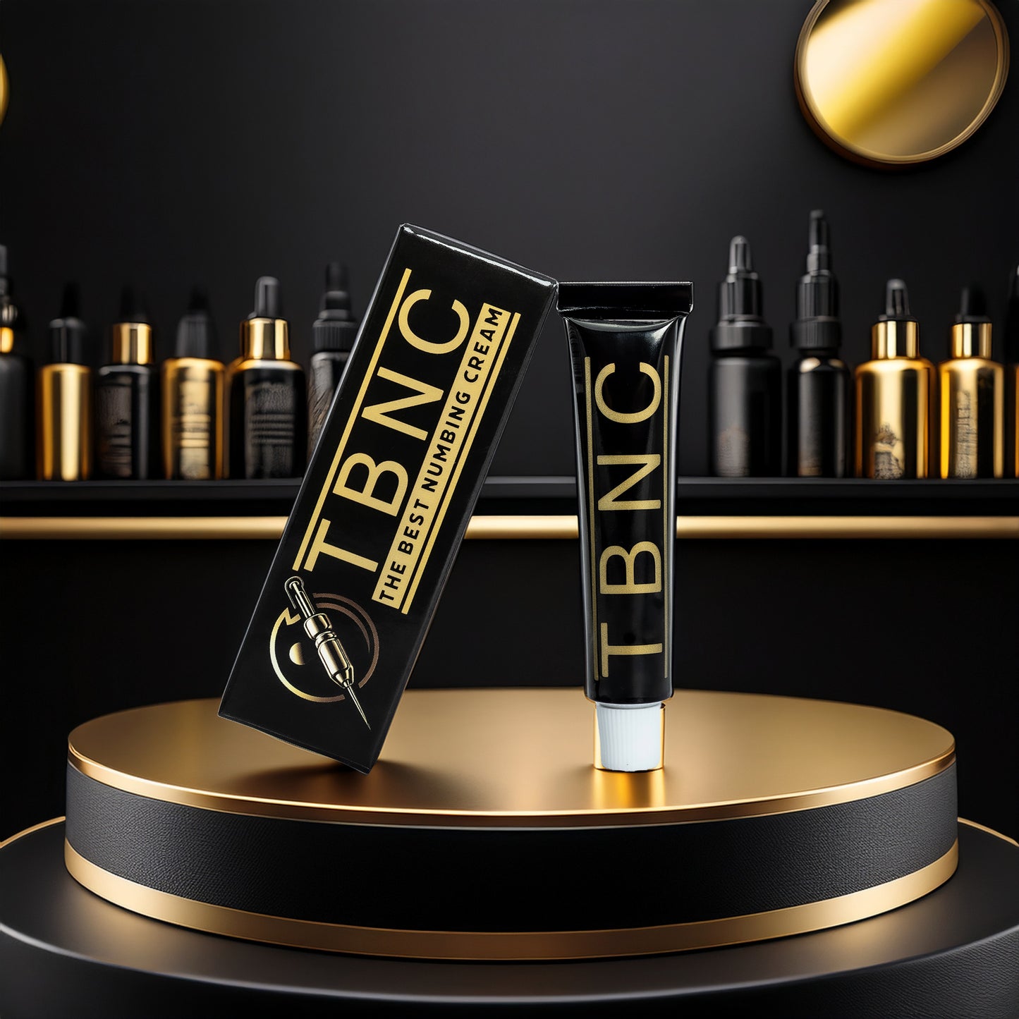 A black and gold tube labeled "Tattoo Numbing Cream" by TBNC - The Best Numbing Cream stands on a round display with its box, ideal for pain-free tattooing, with blurred cosmetic bottles in the background.