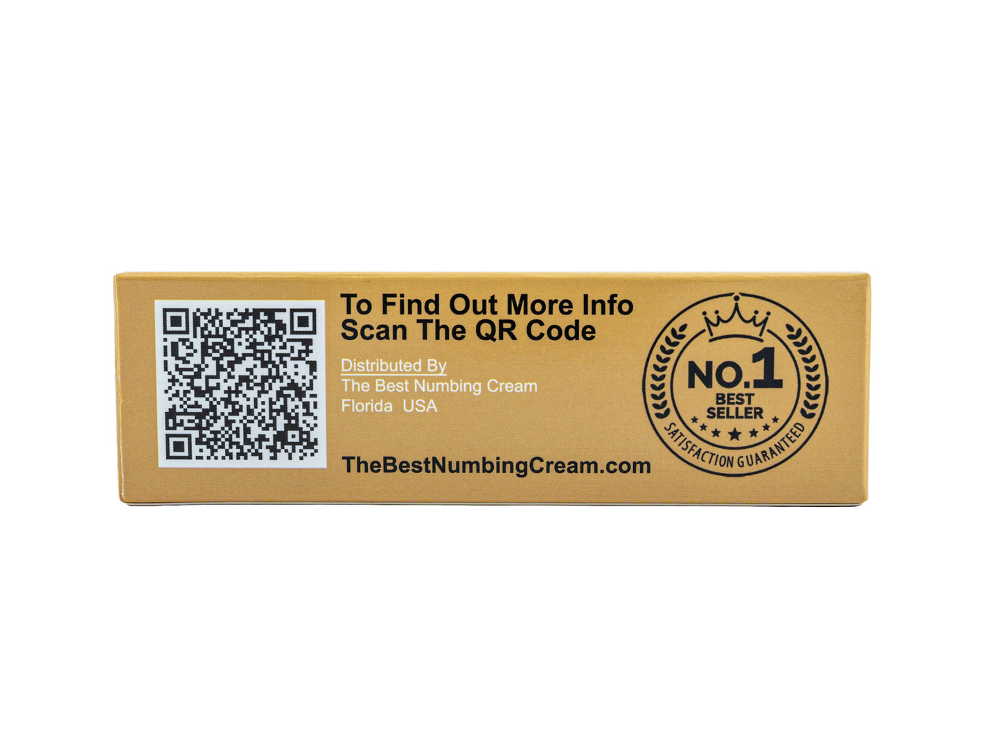 A beige product box for Tattoo Numbing Cream XL by TBNC – The Best Numbing Cream, with a QR code labeled "To Find Out More Info Scan The QR Code" and a "No. 1 Best Seller" seal. Distributed in Florida, USA. TheBestNumbingCream.com.