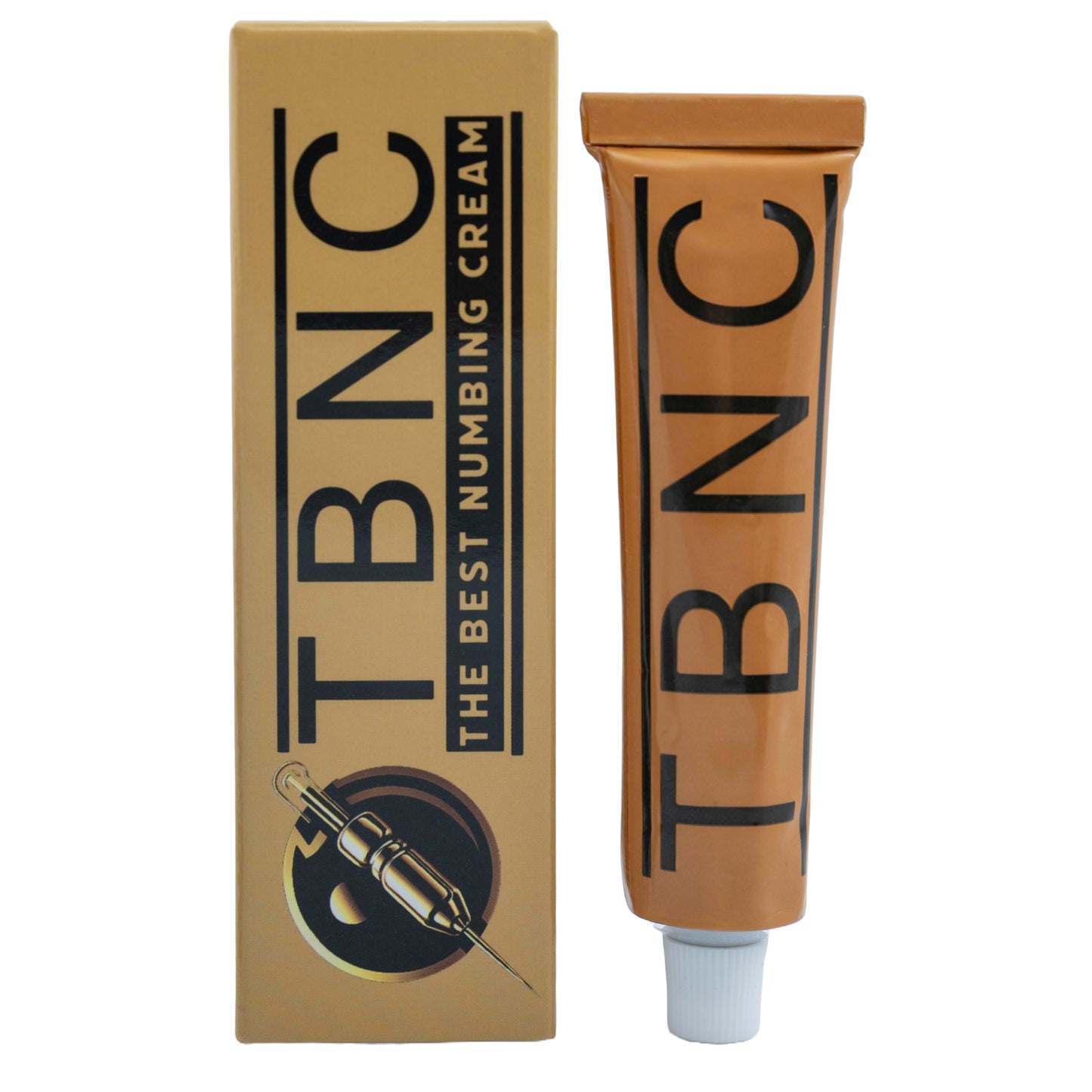 A brown tube labeled "TBNC" stands beside a matching box reading "TBNC - The Best Numbing Cream Tattoo Numbing Cream XL," featuring a syringe image—ideal for tattoo pain relief with powerful lidocaine numbing.