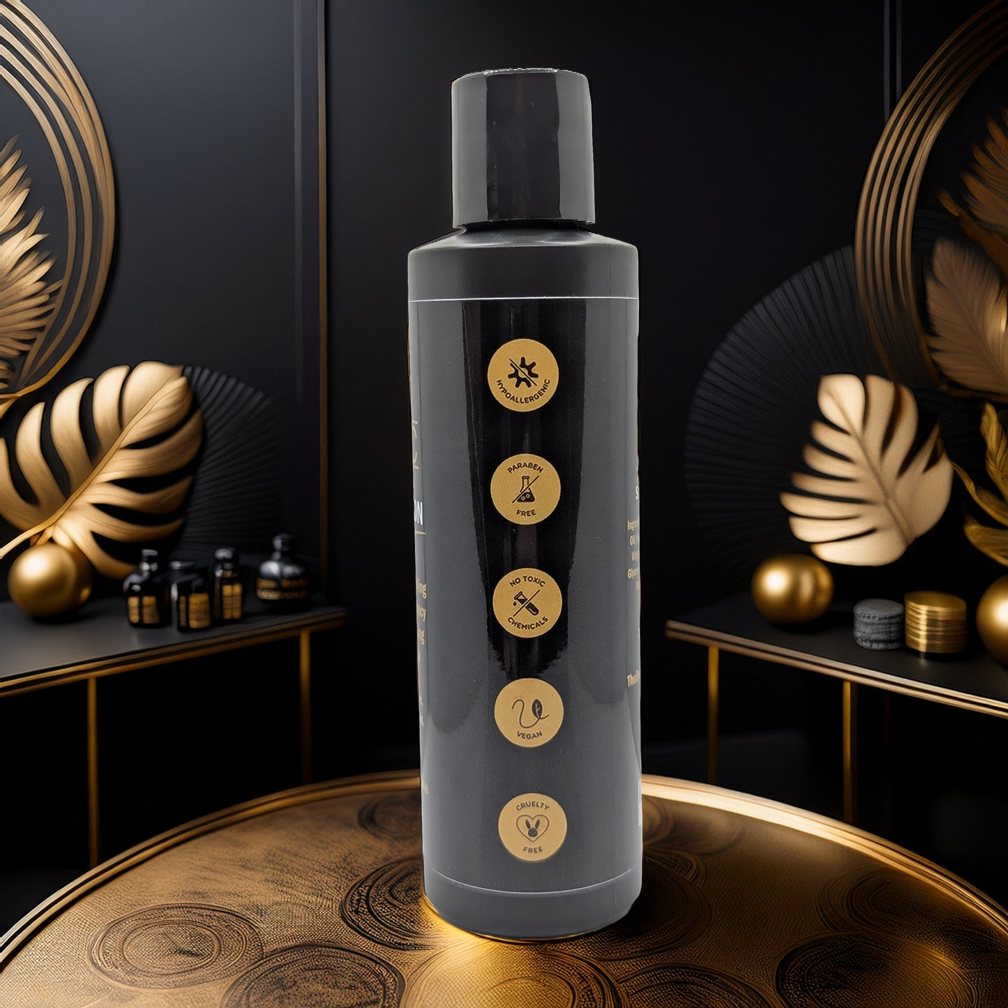 A sleek black bottle of TBNC - The Best Numbing Cream Tattoo Aftercare Lotion - Unscented, adorned with gold icons and text, sits on an ornate table among matching bottles—ideal for tattoo aftercare and skin regeneration.