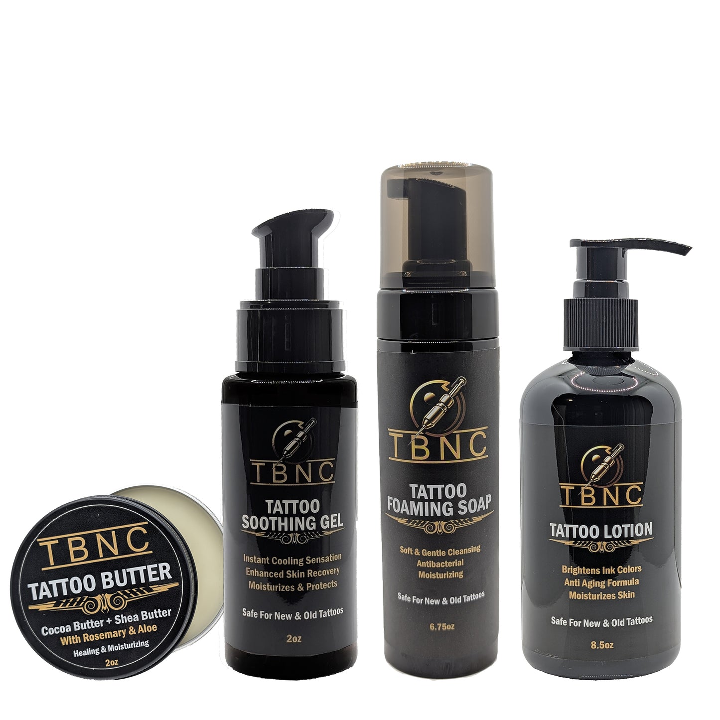 Four black TBNC - The Best Numbing Cream Tattoo Aftercare Bundle containers—Tattoo Butter, Soothing Gel, Foaming Soap, and Lotion—feature gold-accented labels for complete tattoo healing and aftercare.