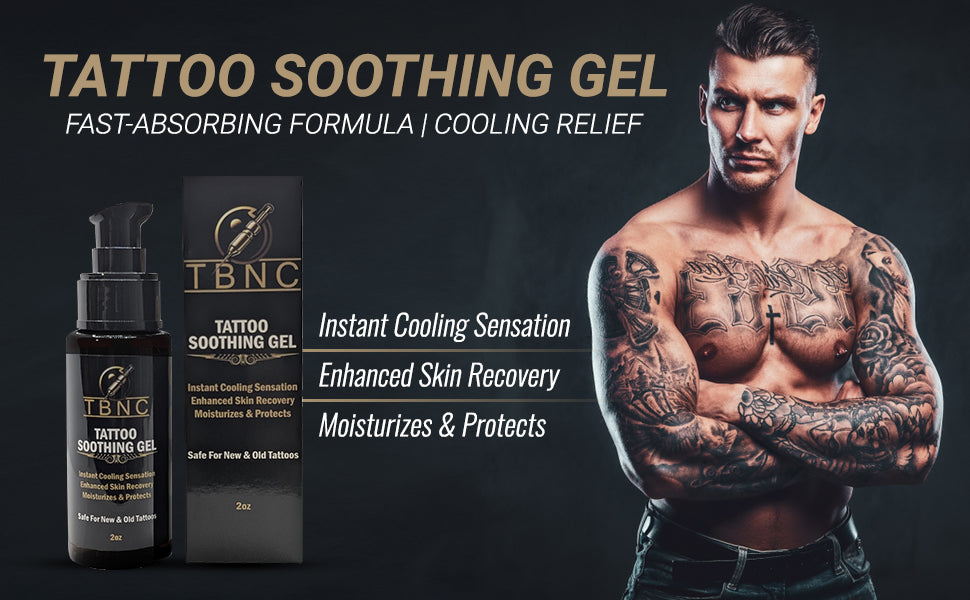TBNC - The Best Numbing Cream’s Tattoo Soothing Gel and its box are shown next to a muscular, tattooed man with folded arms. Text highlights instant cooling, faster healing, enhanced skin recovery, moisturization, and vibrant tattoos.