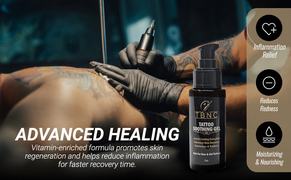 A tattoo artist works on a client’s back. In the foreground, TBNC - The Best Numbing Cream Tattoo Soothing Gel is shown, with text noting its benefits: faster healing, reduced redness and inflammation, enhanced vibrancy, and moisturization.