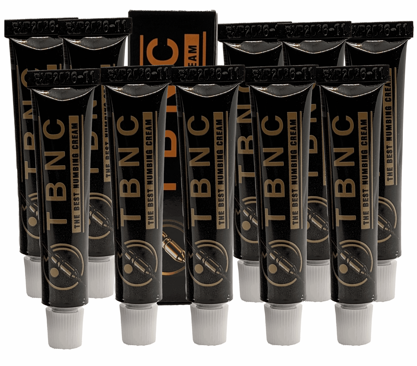 Multiple tubes from the "TBNC - The Best Numbing Cream - 10 Pack" are arranged in several rows in front of a black and orange box labeled with the brand name "TBNC - The Best Numbing Cream." Each black tube, featuring a white cap, promises painless tattoos for those seeking an effective tattoo numbing cream.