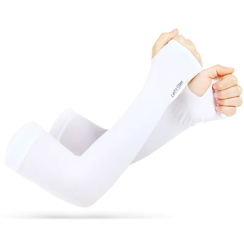 Two hands in long, white TattooGuard SPF Sun Protection Sleeves by TBNC - The Best Numbing Cream, crossing at the wrists. The sleeves have thumb holes, a small "Lets Slim" logo, and provide UV protection. White background.
