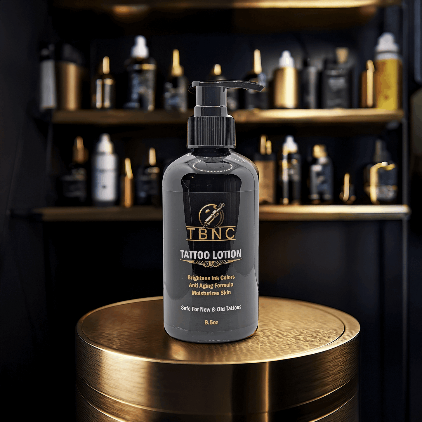 A bottle of TBNC - The Best Numbing Cream Tattoo Lotion - Peppermint with a pump top sits on a counter in a tattoo studio, emphasizing its use as a tattoo care lotion that boosts vibrancy.