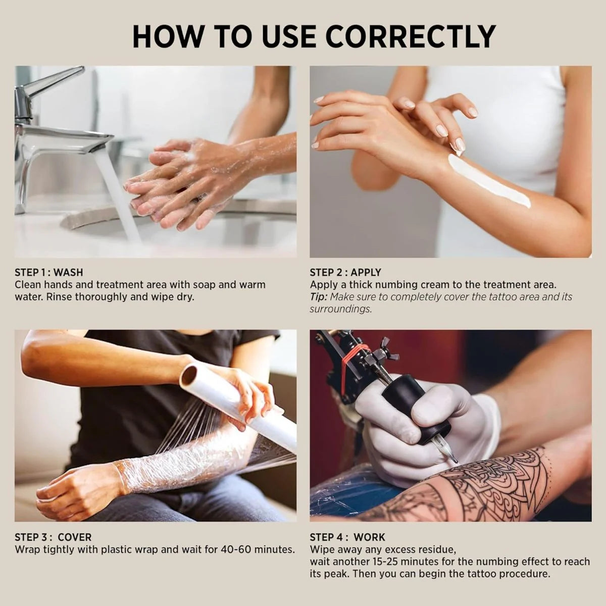 Follow these four steps for pain-free tattooing: wash the area, apply TBNC - The Best Numbing Cream Tattoo Numbing Cream, wrap in plastic, and let the artist work—all explained for your comfort and safety.