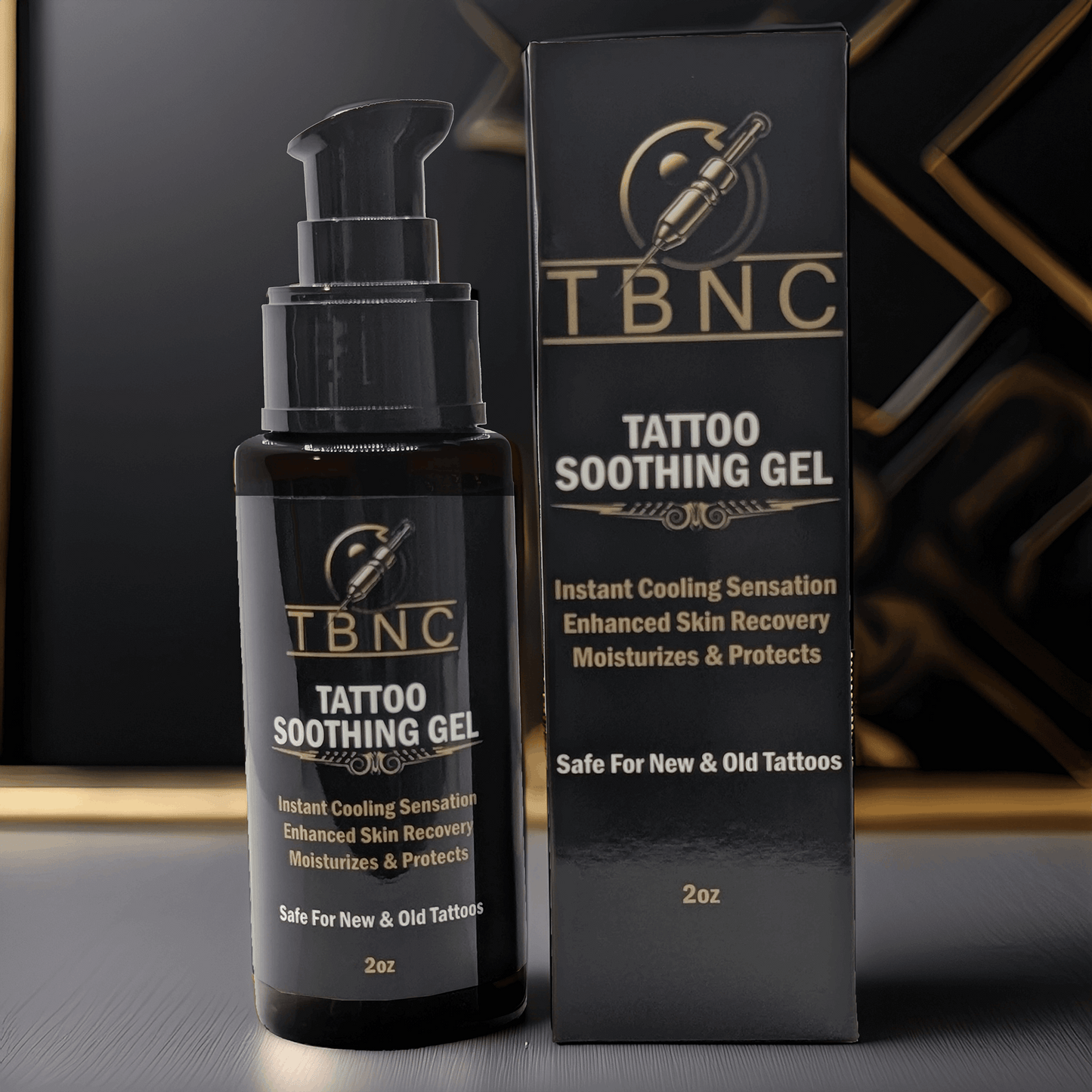 A bottle of TBNC Tattoo Soothing Gel sits next to its gold and black box, promising instant cooling, healing, and vibrancy for tattoos. The pump dispenser ensures easy application. Both items are marked "Safe For New & Old Tattoos.