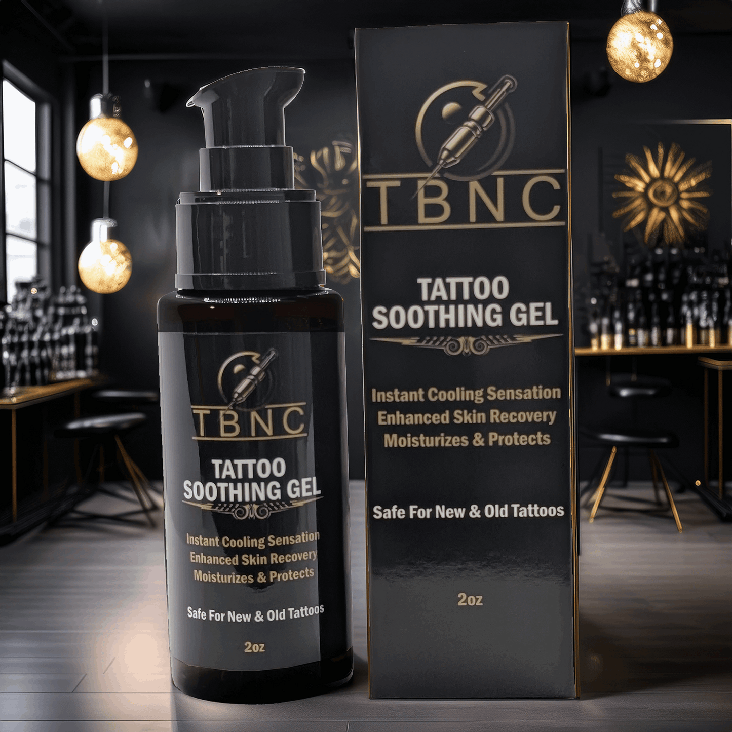 TBNC Tattoo Soothing Gel, enhancing tattoo vibrancy while cooling, healing faster, and moisturizing both new and old tattoos, is elegantly displayed in a bottle with a box on a dark counter featuring industrial decor.