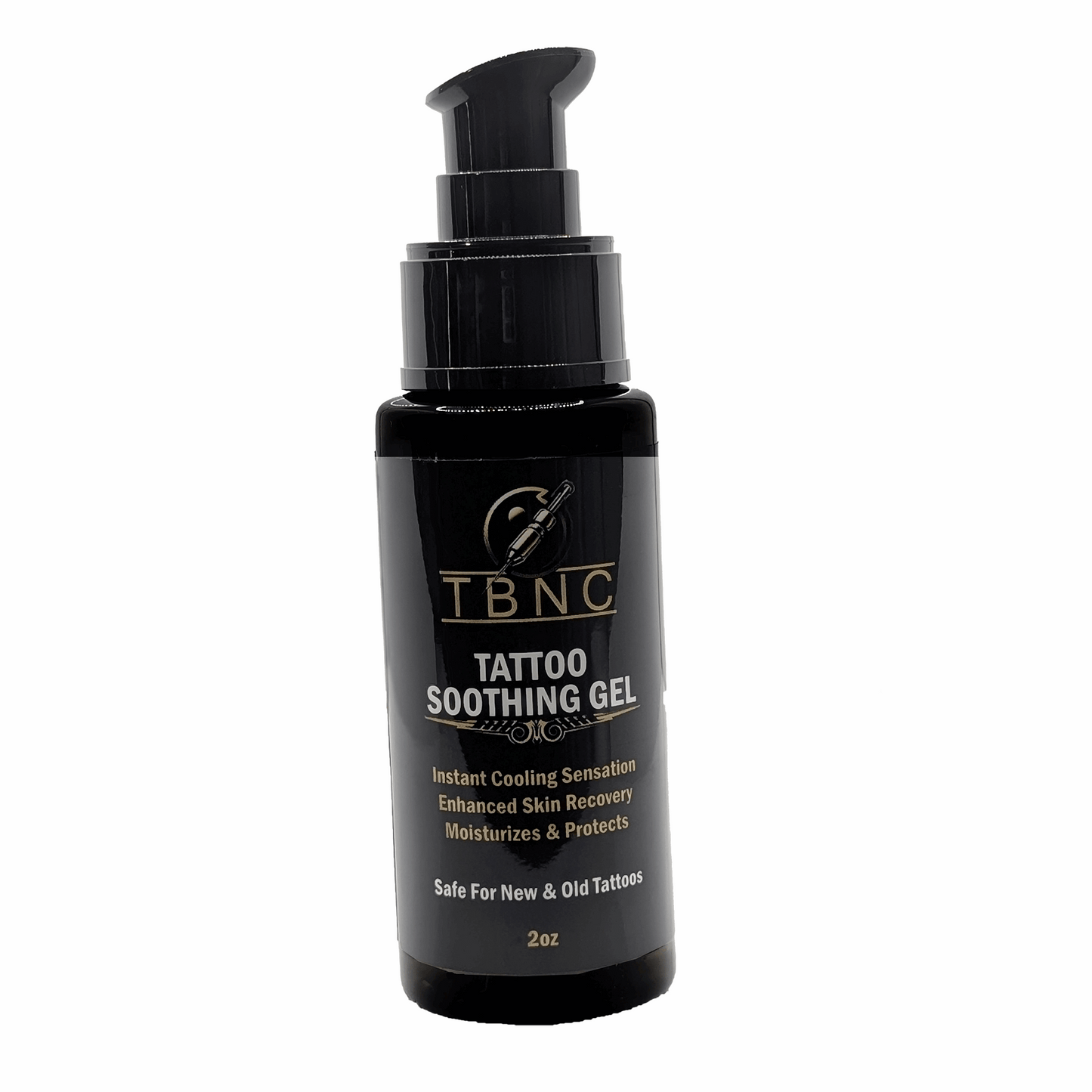 The TBNC Tattoo Soothing Gel comes in a sleek black bottle with a pump dispenser, featuring benefits like "Instant Cooling Sensation," "Enhanced Skin Recovery," and "Moisturizes & Protects." Perfect for healing both new and old tattoos, it enhances vibrancy and comes in a 2 oz size.