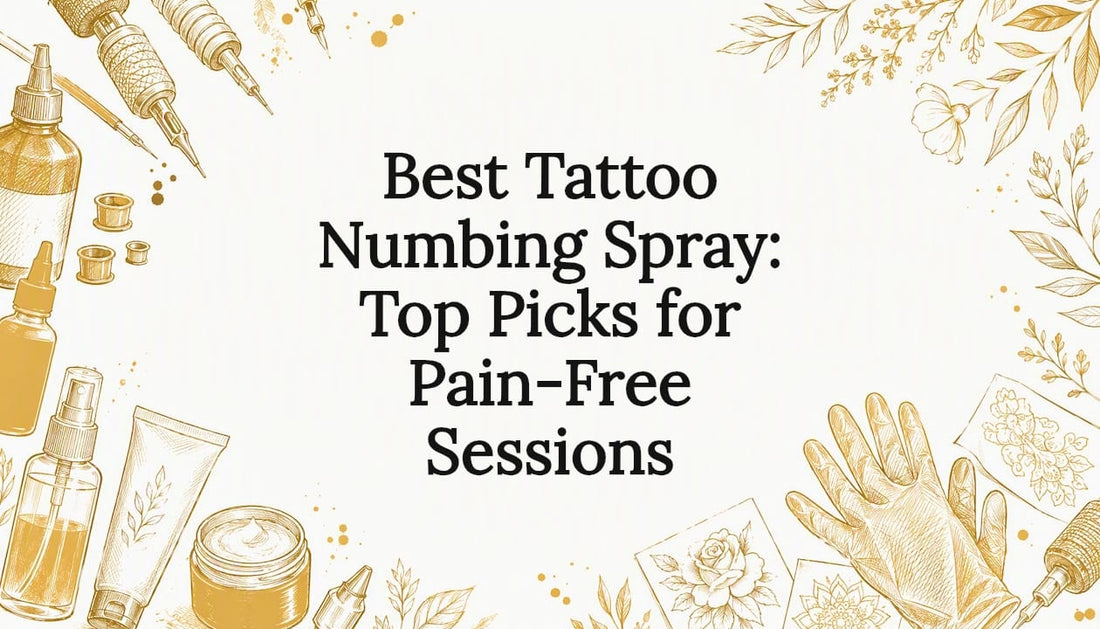 Decorative title card illustration with tattoo and numbing themes