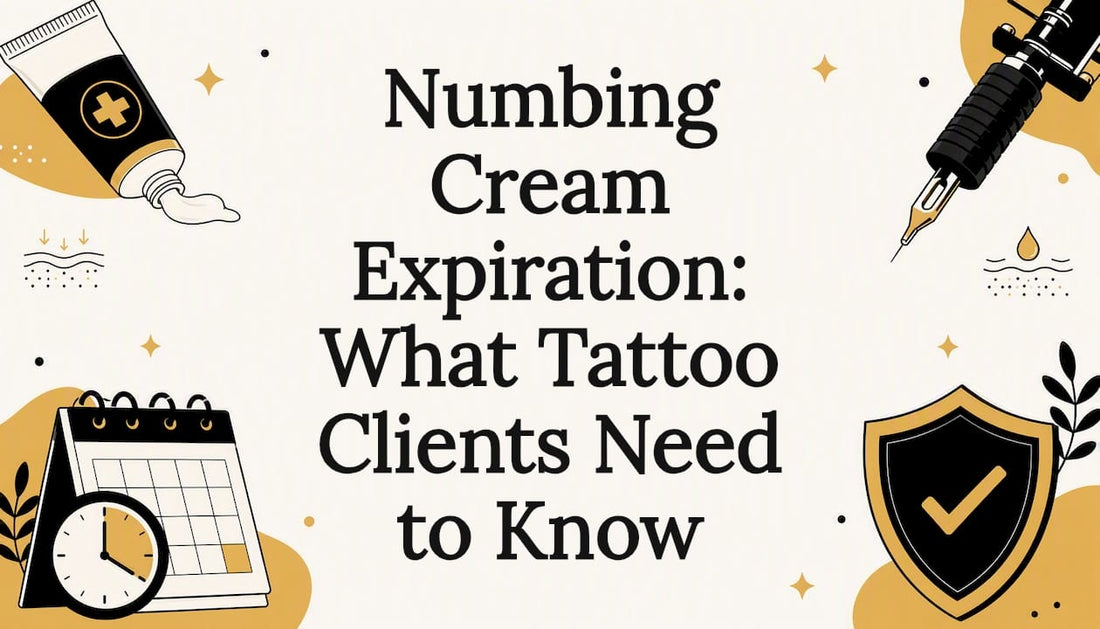 Decorative title card with numbing cream and expiration icons