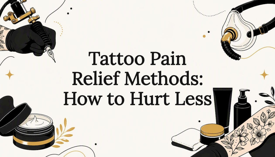 Decorative tattoo pain relief title card illustration