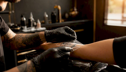Tattoo artist applying second skin on fresh tattoo