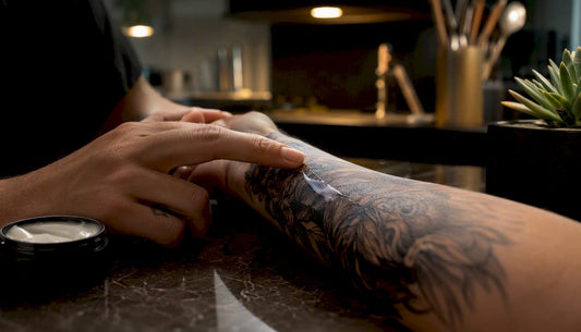 Close-up of tattoo moisturizing with ointment
