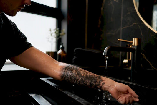 Fresh tattoo being rinsed gently with water