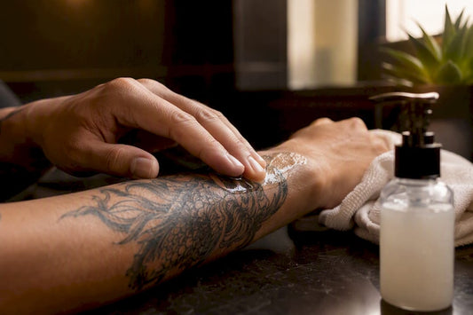Hand applying tattoo aftercare lotion to fresh tattoo