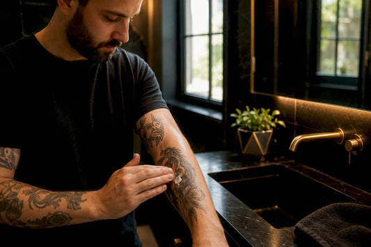 Hand applying hypoallergenic balm on fresh tattoo