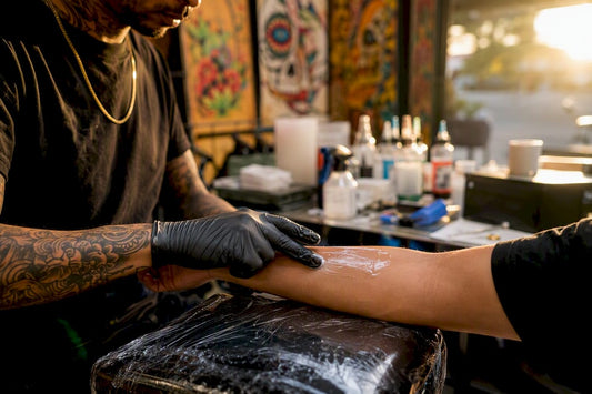 Hand applying numbing cream on tattoo skin