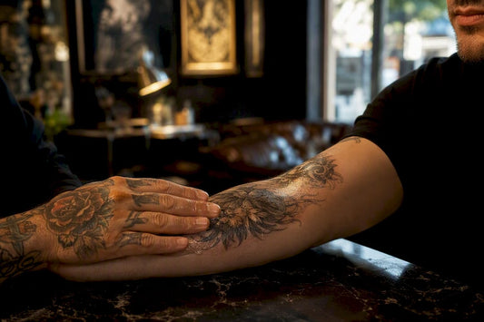 Hand applying ointment on fresh tattoo
