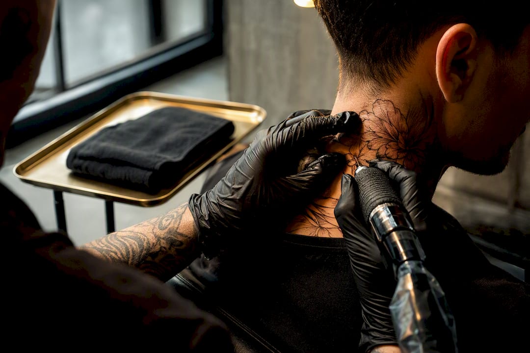 Artist tattooing detailed neck line work