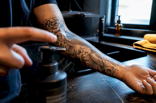 Tattooed arm beside soap dispenser