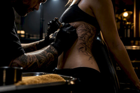 Artist tattooing client’s ribcage in studio