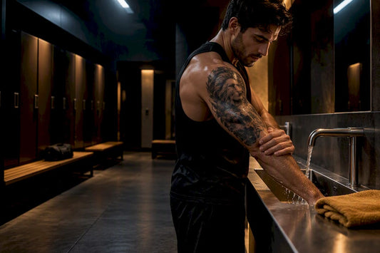 Athlete rinsing a fresh upper-arm tattoo