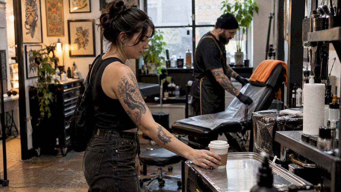 Tattoo client setting coffee aside before session
