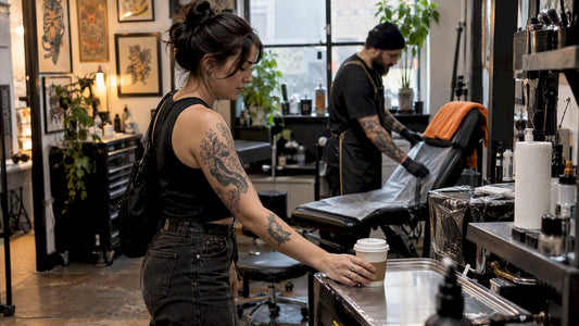Tattoo client setting coffee aside before session