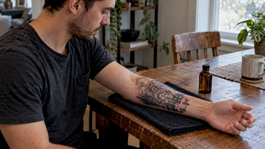 Fresh tattoo beside an untouched vitamin E bottle
