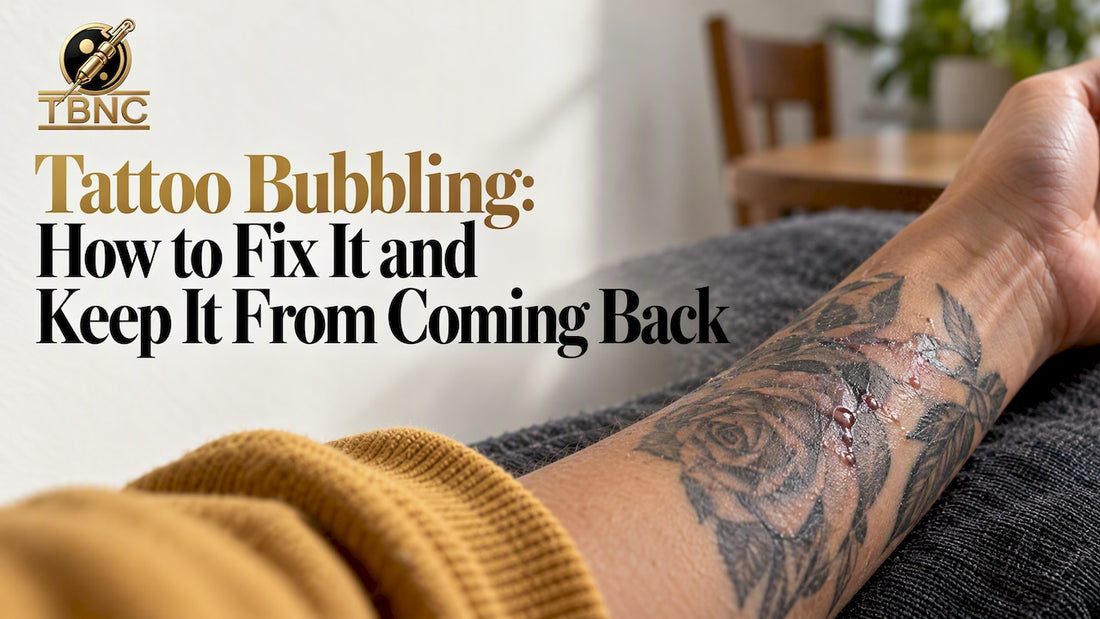 Forearm tattoo with softened raised scabs