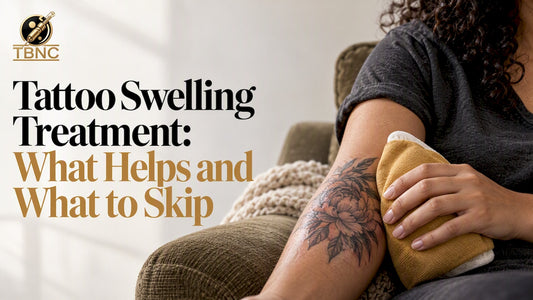 Fresh tattoo with a fabric-wrapped cold pack