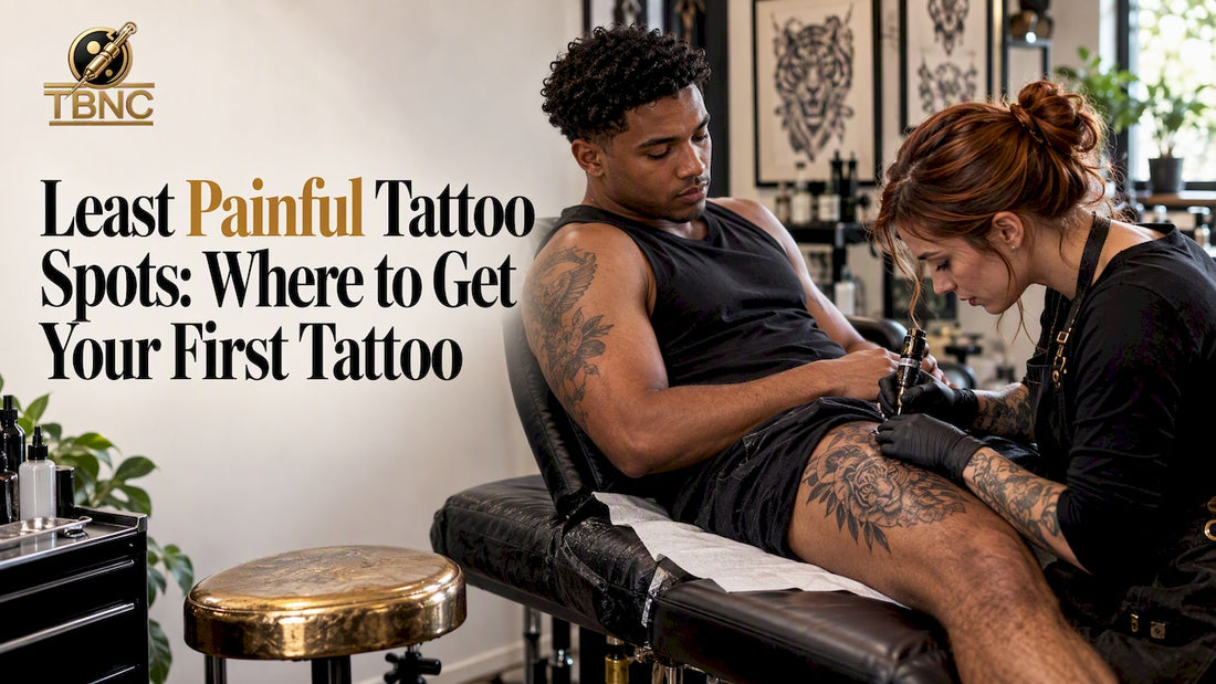 Artist tattooing a client's outer thigh