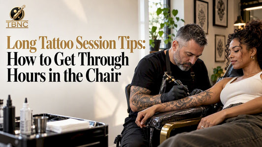 Artist tattooing a client in a studio