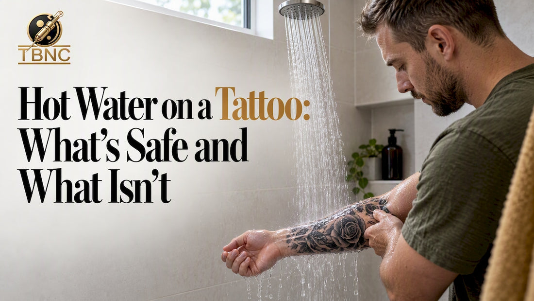 Fresh tattoo rinsed gently under shower water