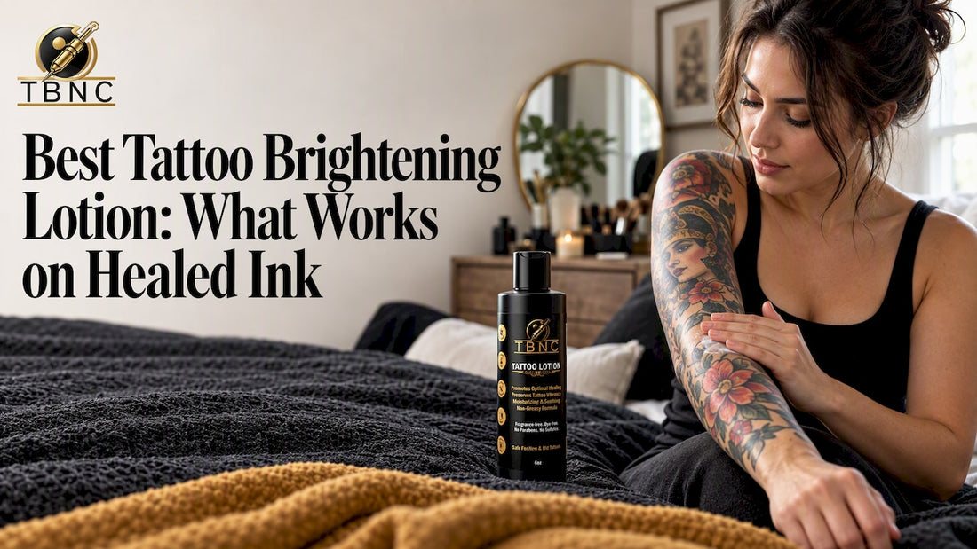 Healed tattoo beside unscented aftercare lotion