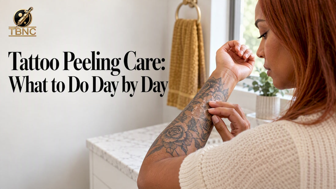Woman checking a naturally peeling forearm tattoo