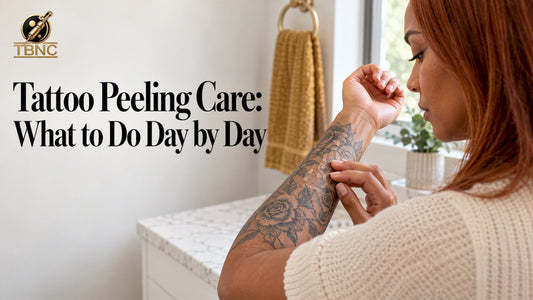 Woman checking a naturally peeling forearm tattoo